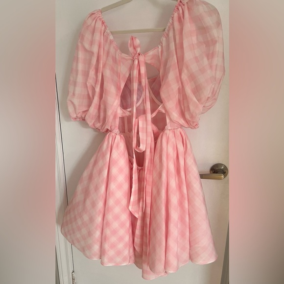 Pink ginham puff sleeve dollhouse mini dress - Picture 4 of 9